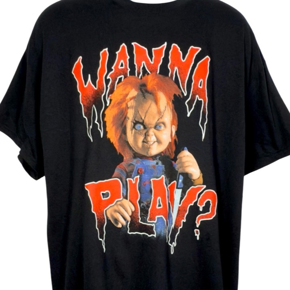 Chucky Horror Black Colorful Graphic Tee Shirt - Wanna Play?